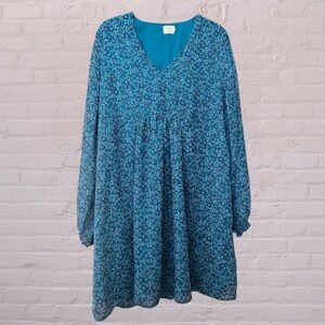 Time and Tru Teal Floral V-Neck Long Sleeve Smock Dress